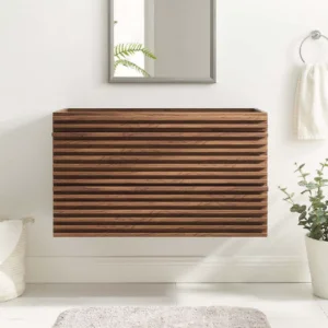 Modern single floating bathroom vanity with a wooden slat design and minimalist aesthetic.