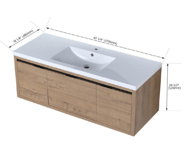 single floating bathroom vanity with a white countertop and wood finish, featuring dimensions.