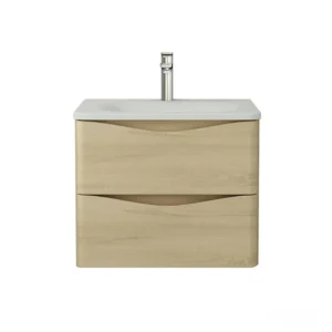 "Al Oak Floating Bathroom Vanity with soft-closing drawers and a quartz countertop.