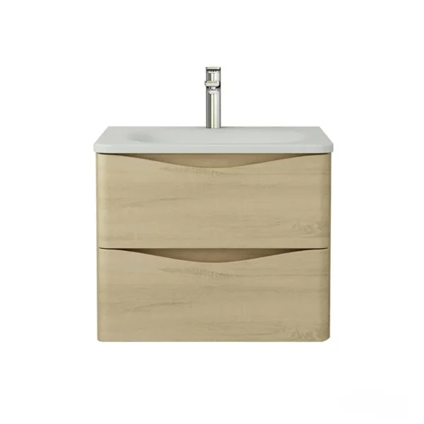 "al oak floating bathroom vanity with soft-closing drawers and a quartz countertop.