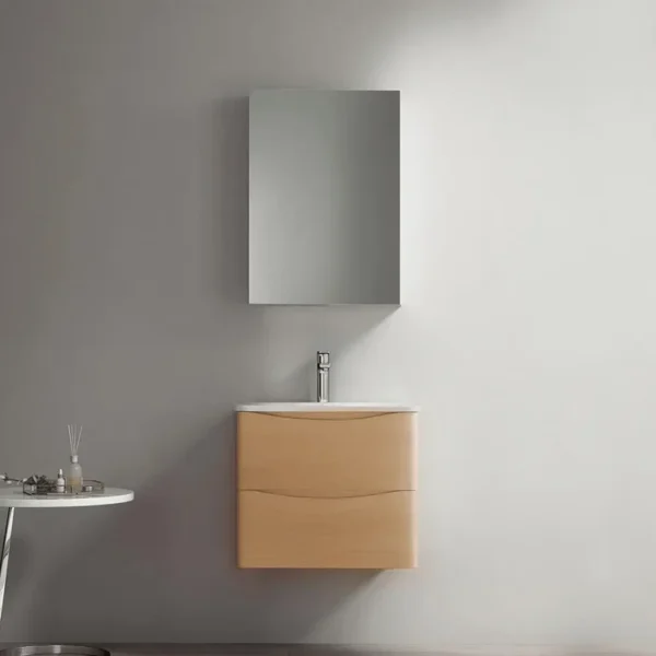 modern al oak floating bathroom vanity with a minimalist design and wall-mounted mirror.