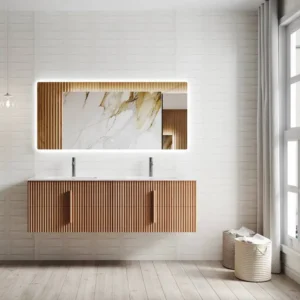 Double sink solid wood bathroom vanity with an LED mirror in a modern bathroom setting.