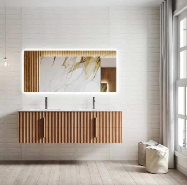 double sink solid wood bathroom vanity with an led mirror in a modern bathroom setting.