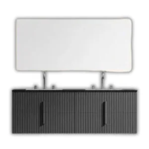 Contemporary double sink bathroom vanity with a textured black cabinet and a minimalist mirror.