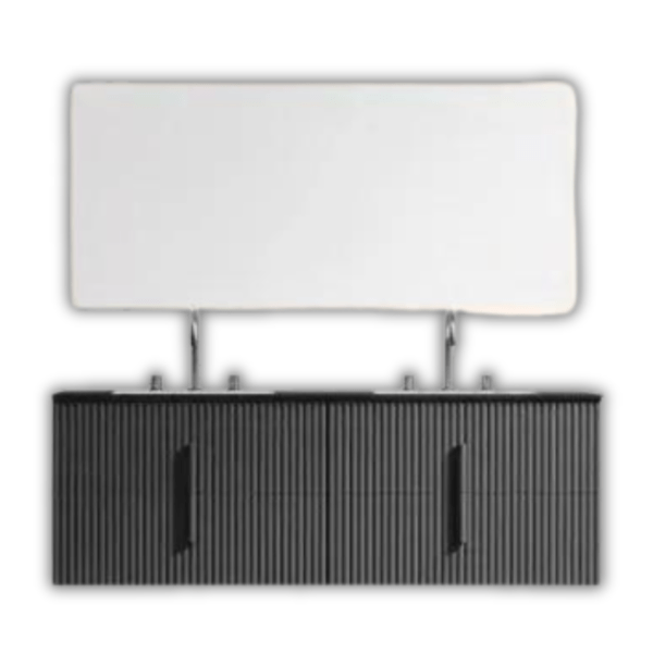 contemporary double sink bathroom vanity with a textured black cabinet and a minimalist mirror.