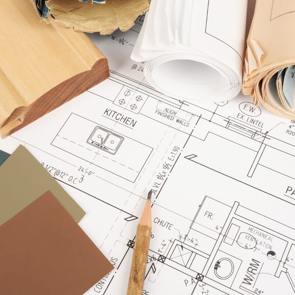 kitchen redesign costs: Kitchen blueprint with design samples, wood molding, and pencil on the workspace.