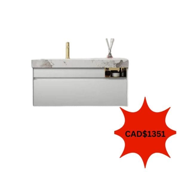 39-inch bathroom vanity with marble countertop, white cabinet, and storage section, priced at CAD$1351.