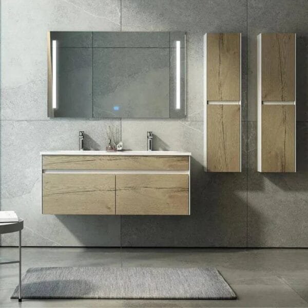 47-inch floating vanity set with wood finish, dual sinks, LED mirror, and matching side cabinets in a modern bathroom.