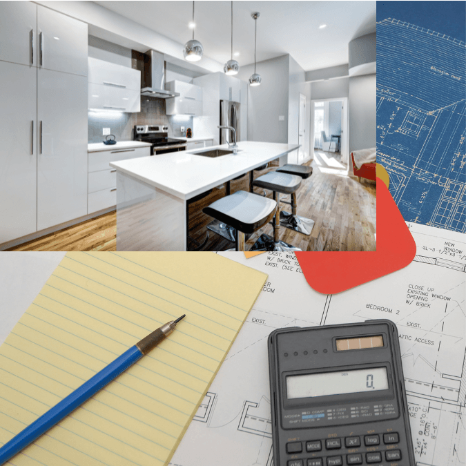 Cost of renovating a kitchen: Modern kitchen with white cabinets, a calculator, blueprints, and notepad symbolizing renovation planning