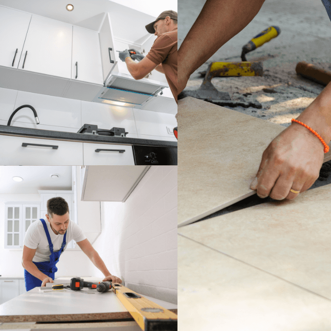 Contractors installing cabinets, cutting tiles, and preparing countertops for a kitchen renovation.