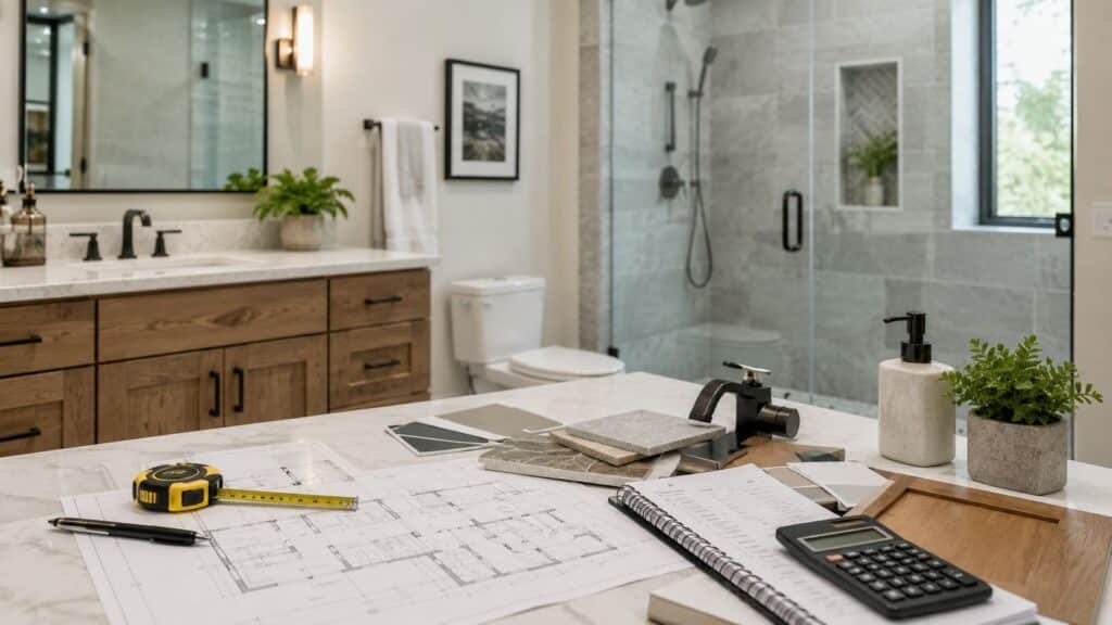 Bathroom remodel cost breakdown with vanity, shower, blueprints, tile samples, tape measure and calculator