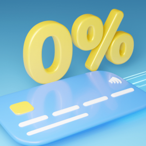 0% interest rate symbol flying over a credit card for home renovation loan offers.